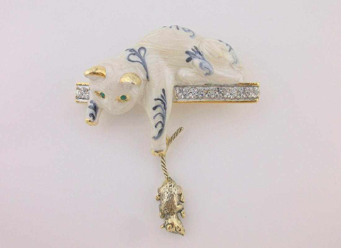 Incredible Enameled Rhinestone Cat Mouse Brooch (1 of 2)
