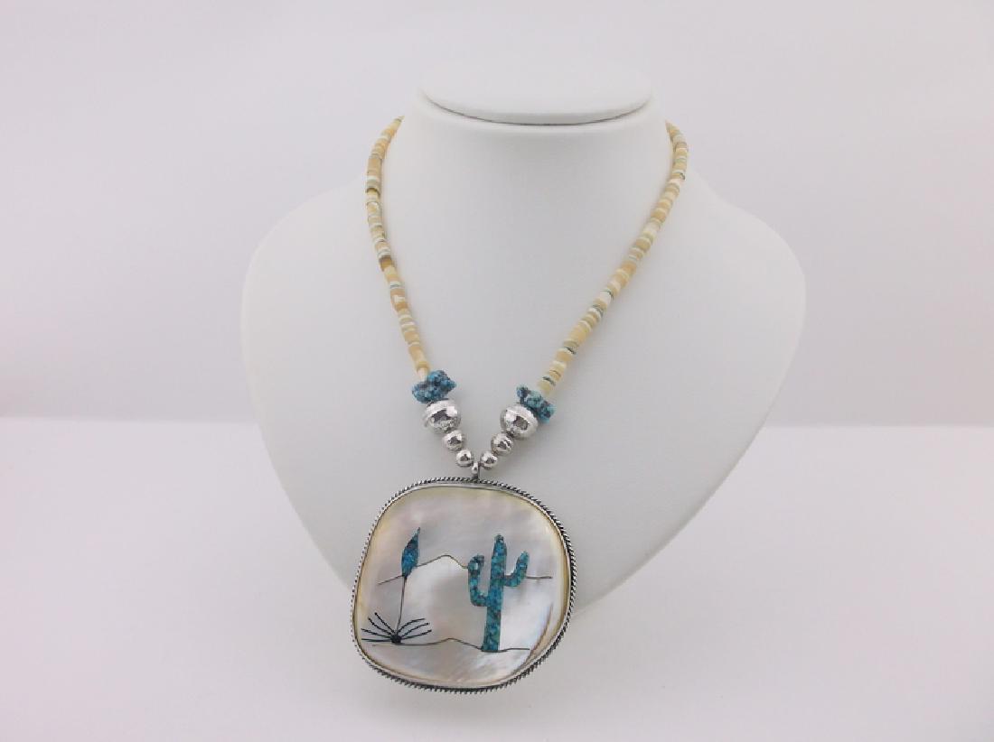 Huge Vint Navajo Sterling Turquoise Inlay Necklace 24" (1 of 5)