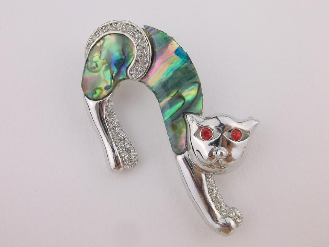 Stunning Abalone Rhinestone Cat Brooch Stretching: Like New
