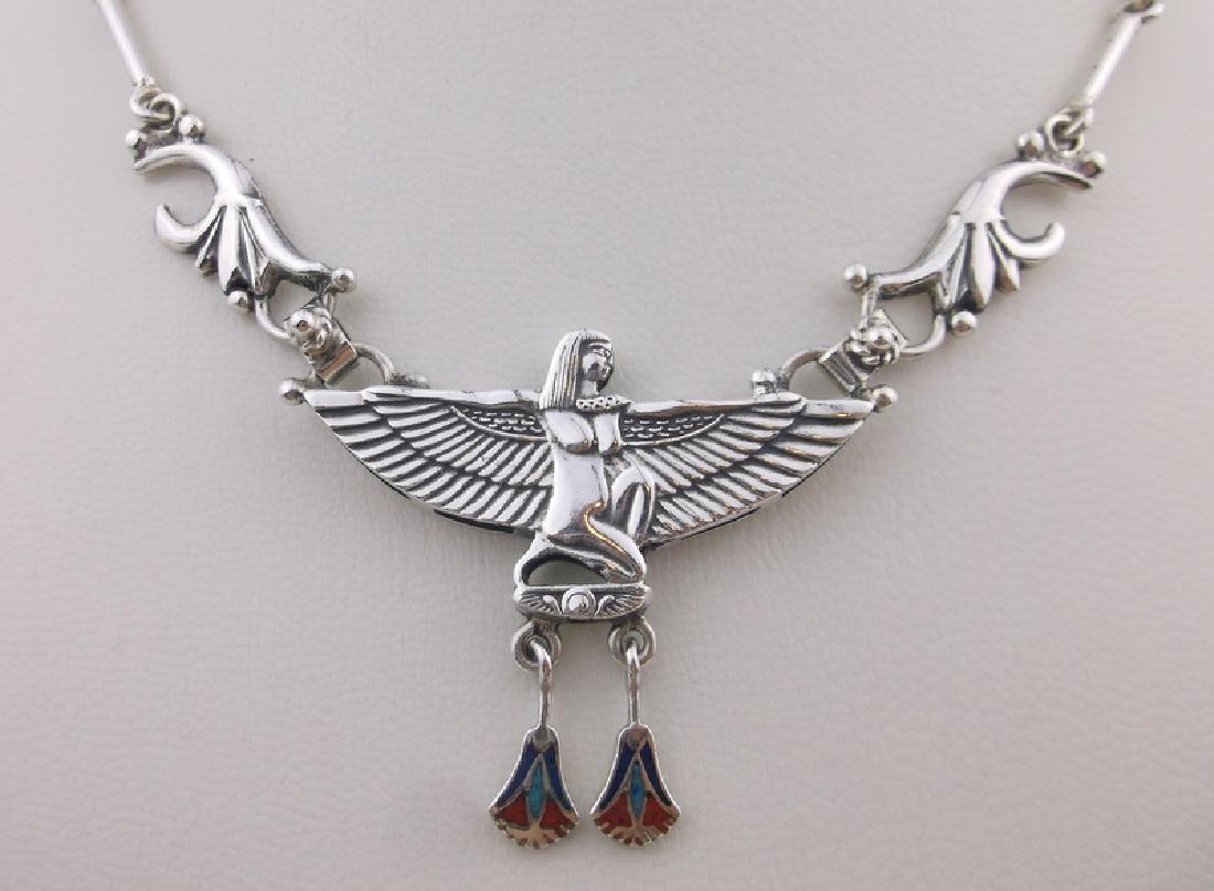 Incredible Art Deco Sterling Egyptian Isis Necklace: An Incredible Antique Art Deco Era Solid Sterling Silver Egyptian Bird Goddess Isis Necklace, 20 inch length, excellent condition, signed in several places but cannot make out the symbols, absolutely 