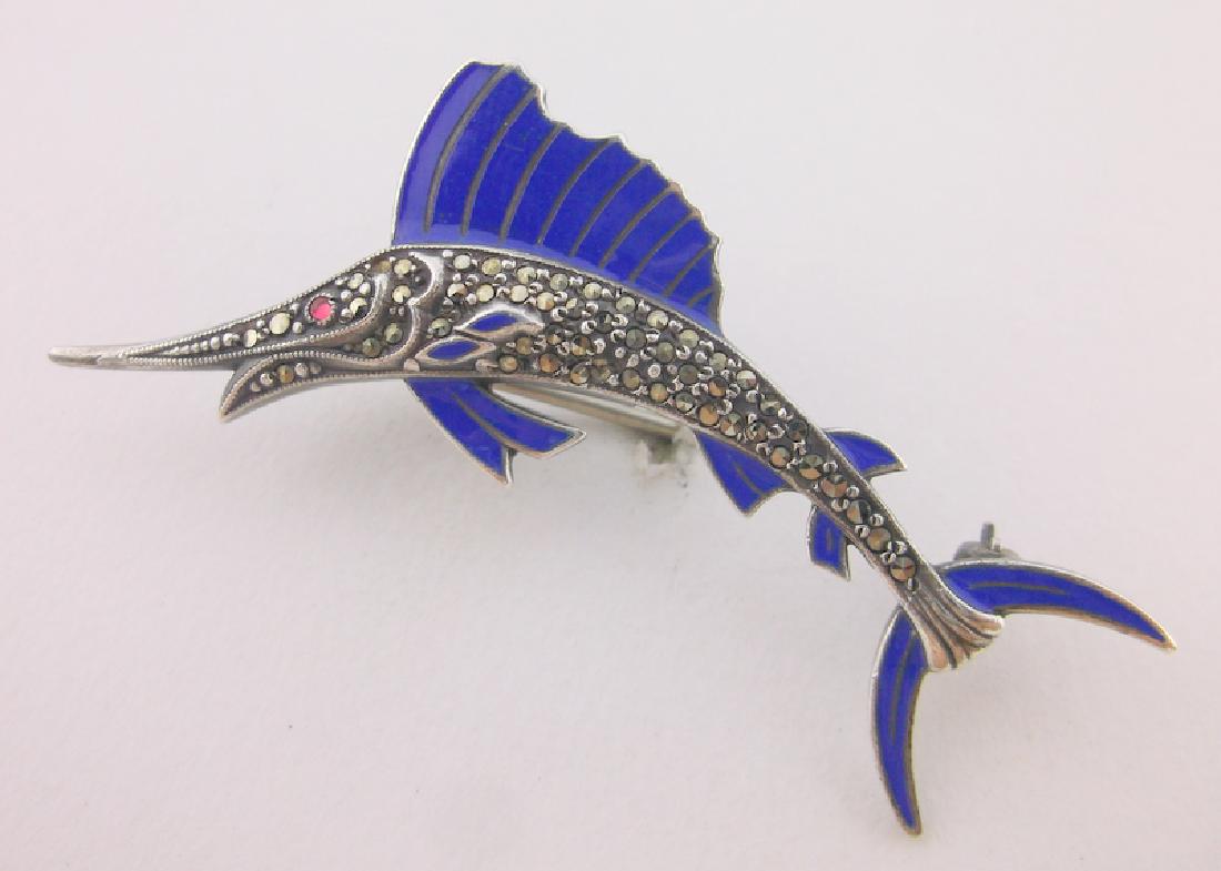Antique Enameled Sterling Blue Marlin Brooch Stunning: Guaranteed Solid 925 Sterling Silver, in Excellent Condition