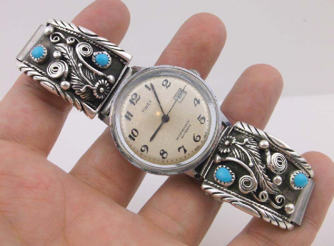 Vint Navajo Sterling Turquoise Watch Signed Self Wind (1 of 11)