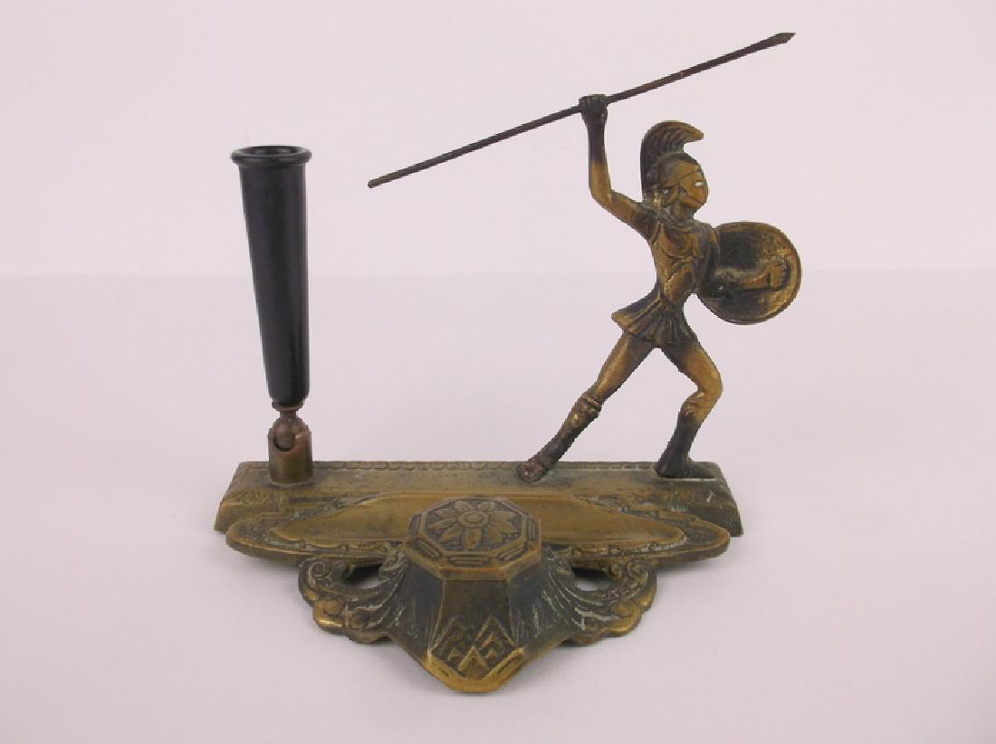 Gorgeous Antique Brass Spartan Inkwell: A Gorgeous Antique Original Brass Spartan Inkwell with fountain pen holder as well, in beautiful antique condition