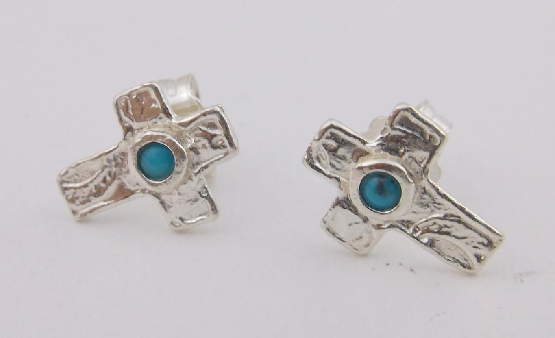 Stunning Israel Sterling Turquoise Cross Stud Earrings (1 of 1)