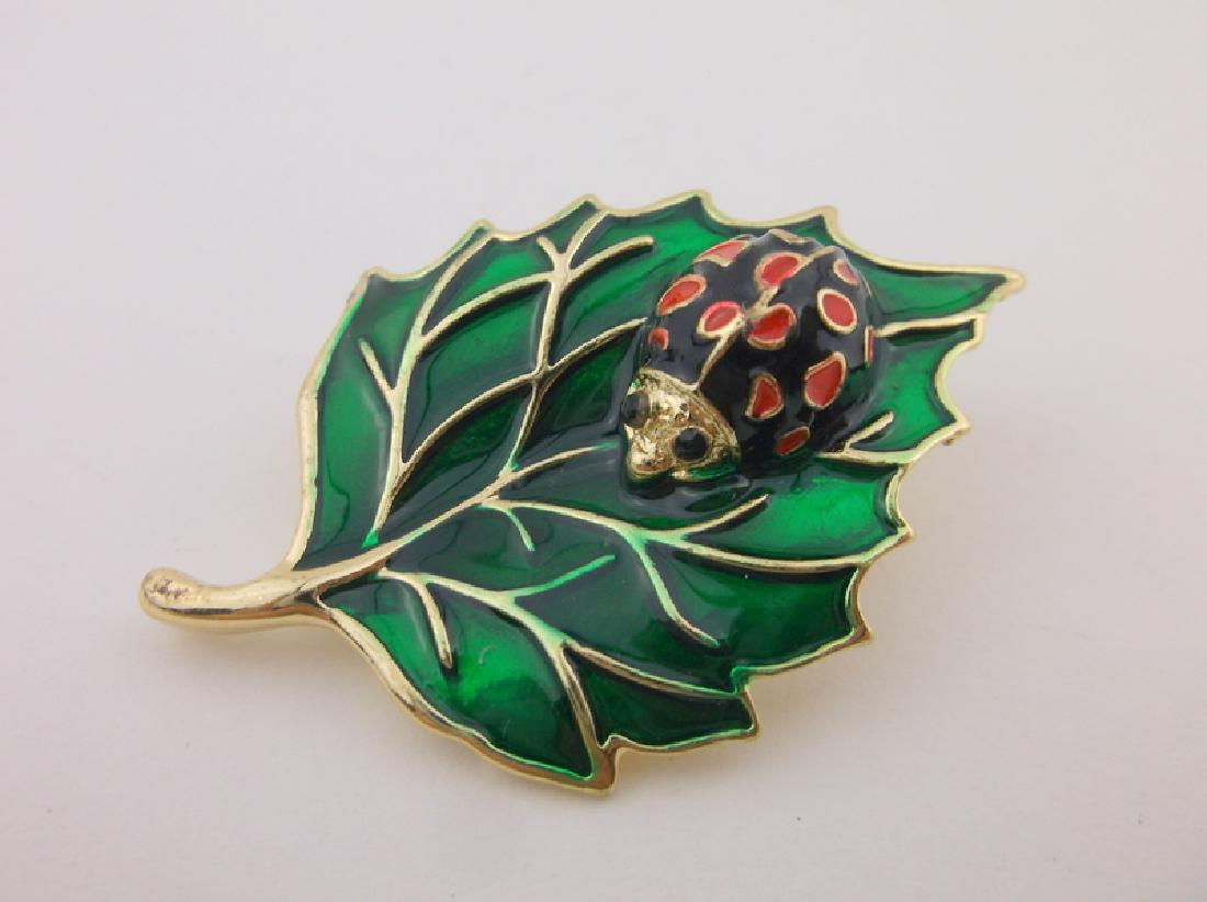 Stunning Enameled Rhinestone Ladybug leaf Brooch (1 of 1)