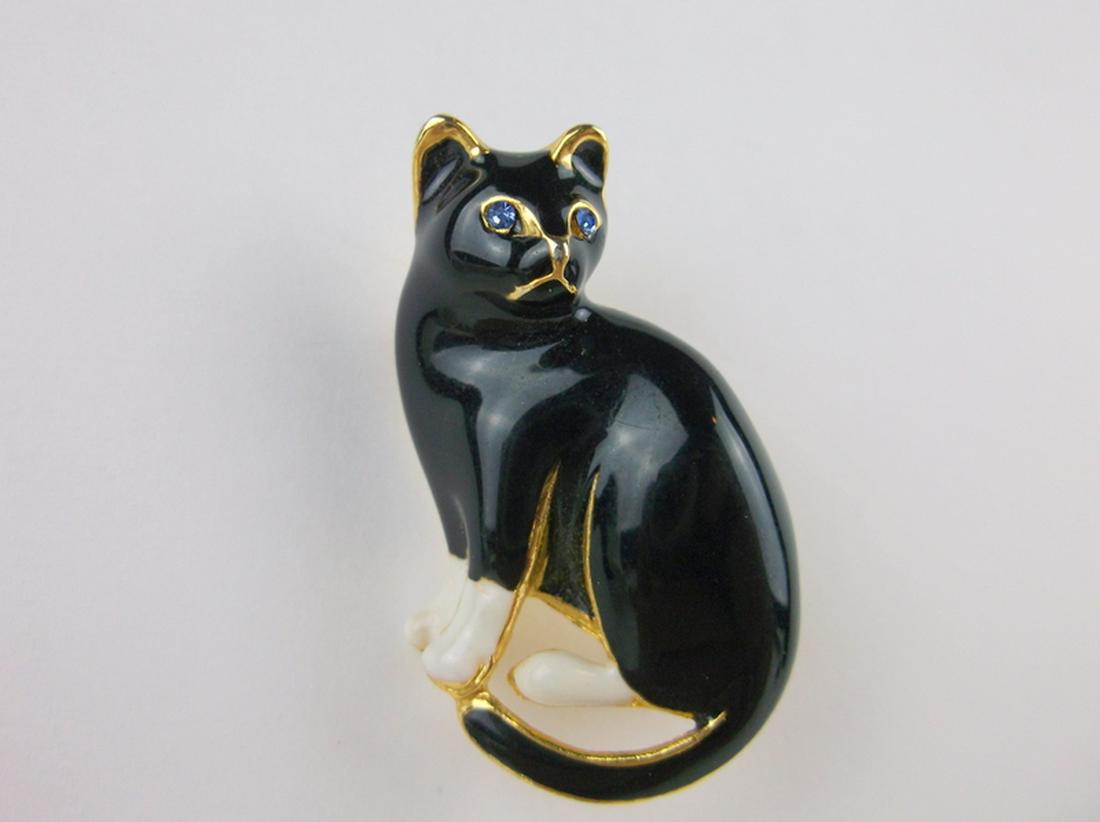 Stunning Vintage Enameled Rhinestone Cat Brooch Signed (1 of 2)