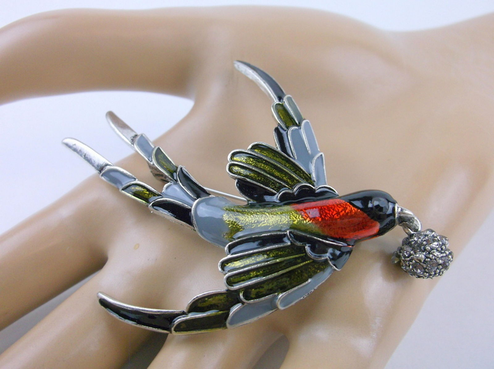 Stunning Large Enameled Rhinestone Sparrow Brooch (1 of 1)