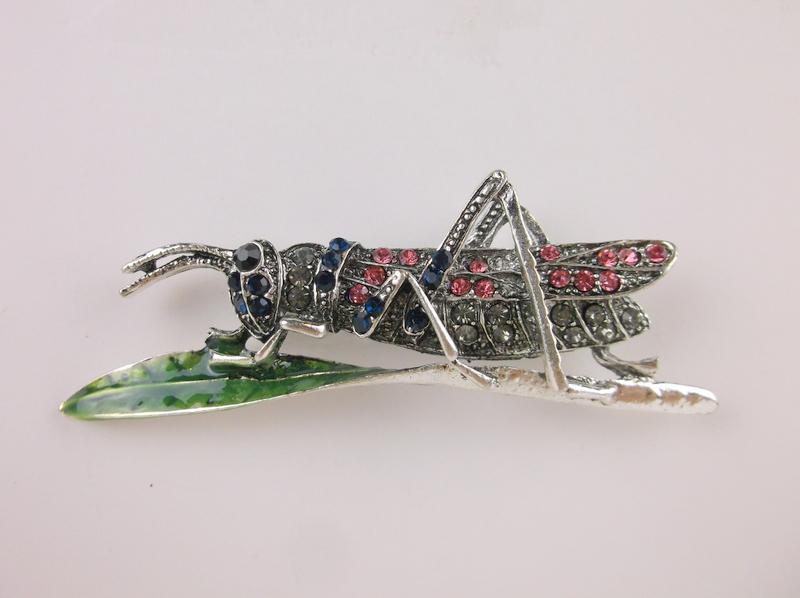 Stunning Large Enameled Rhinestone Grasshopper Brooch (1 of 1)