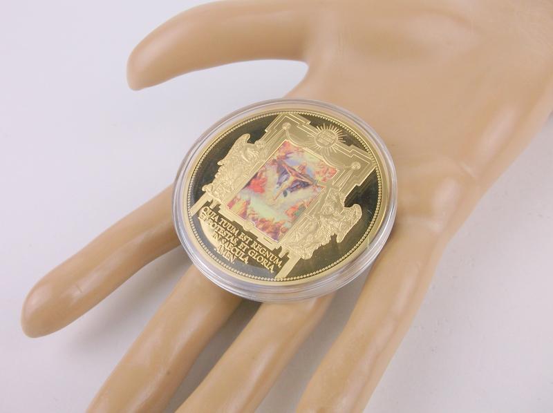 Huge Stunning Enameled Vatican Catholic Coin: Catholic Vatican Huge Authentic Enameled Painting Type Coin detailing paintings hanging in the Vatican. Coin is in encased and in like new condition, stunning detail, super thick, and very large coin.