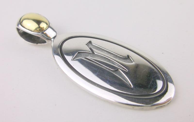 Stunning Large Ann King Sterling 18kt Gold M Pendant: A Stunning heavy Ann King Sterling Silver with 18kt Gold Ball embedded in pendant bale in excellent condition, Letter M Initial pendant