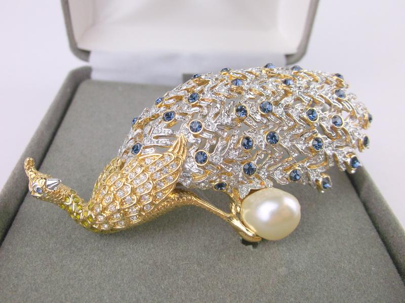 Nolan Miller Enameled Rhinestone Peacock Brooch Large (1 of 4)