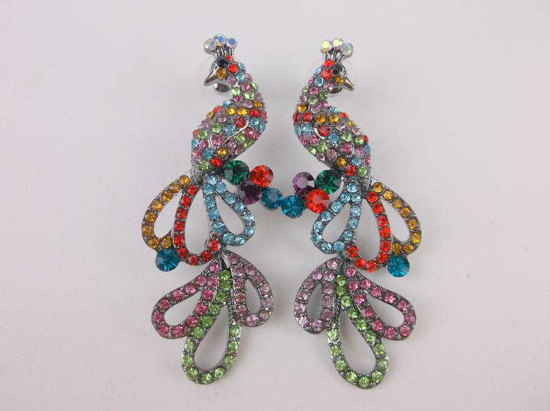New Large Enameled Rhinestone Peacock Stud Earrings (1 of 1)
