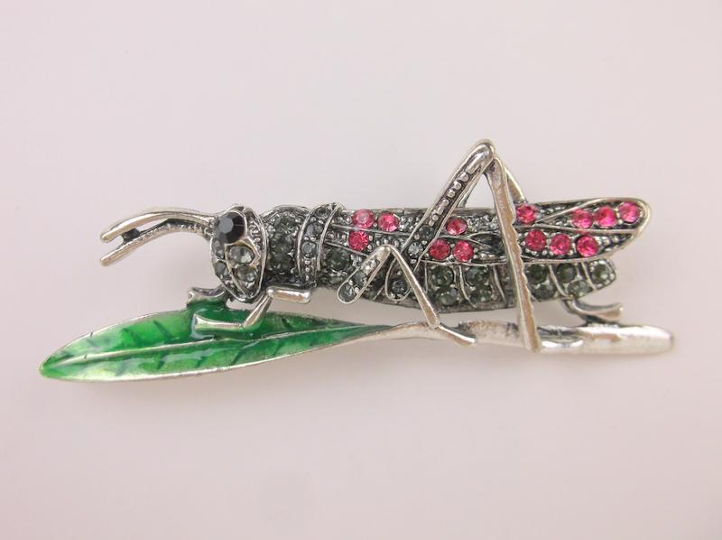 Stunning Large Enameled Rhinestone Grasshopper Brooch (1 of 1)