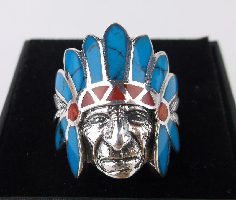 New Boxed Sterling Turquoise Indian Chief Ring 6.5 (1 of 2)