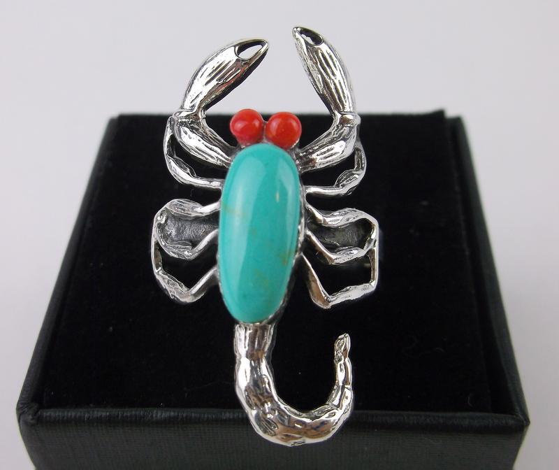 New Boxed Sterling Turquoise Coral Scorpion Ring 10 (1 of 2)