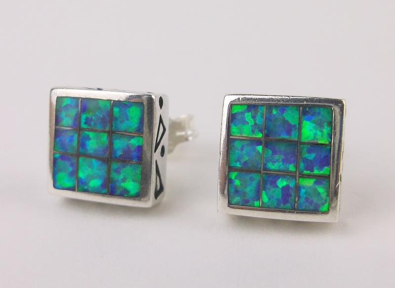 Stunning Navajo Sterling Fire Opal Stud Earrings Signed (1 of 3)