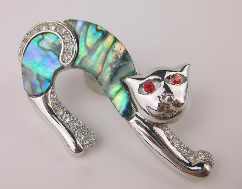 Stunning Vintage Abalone Stretching Cat Brooch (1 of 1)