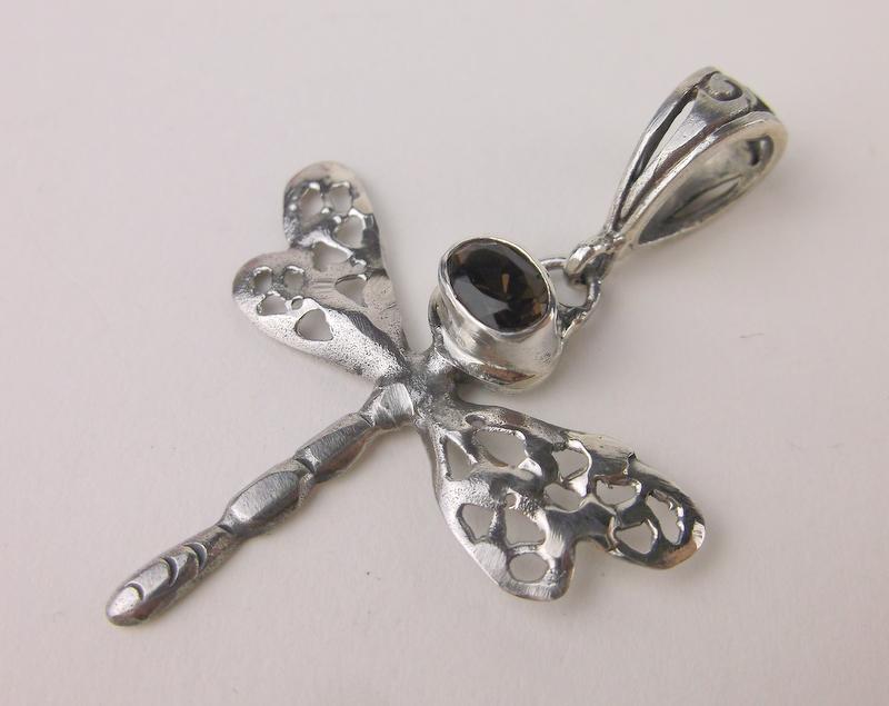 New Sterling Silver Dragonfly Smokey Quartz Pendant (1 of 1)