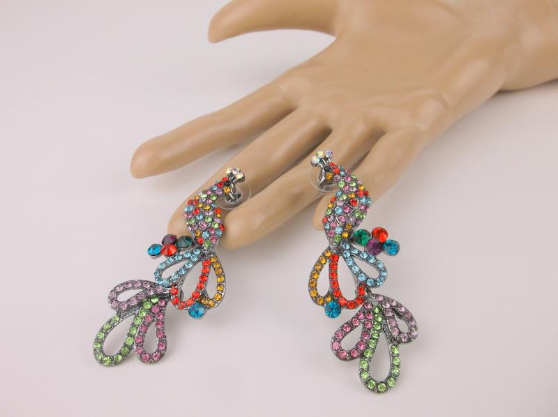New Large Enameled Rhinestone Peacock Earrings Stud (1 of 1)