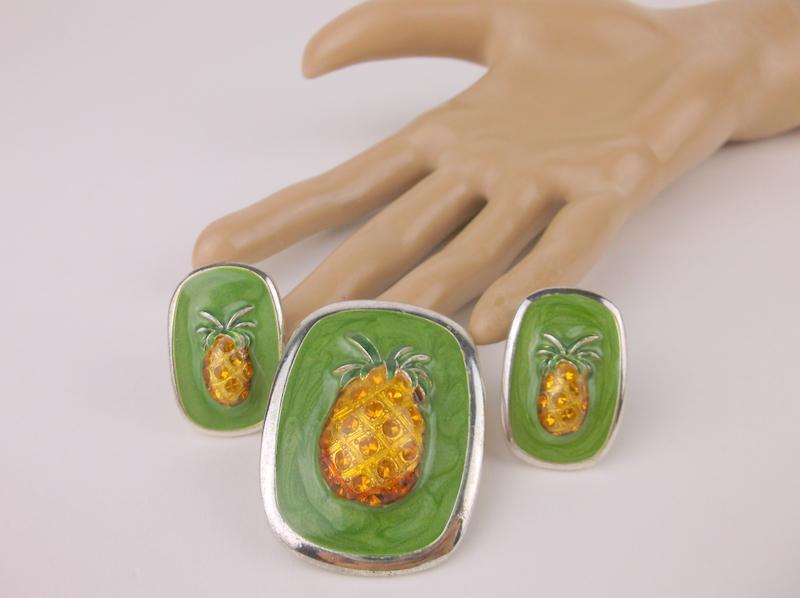 Vintage Enameled Rhinestone Pineapple Pendant Earrings (1 of 2)