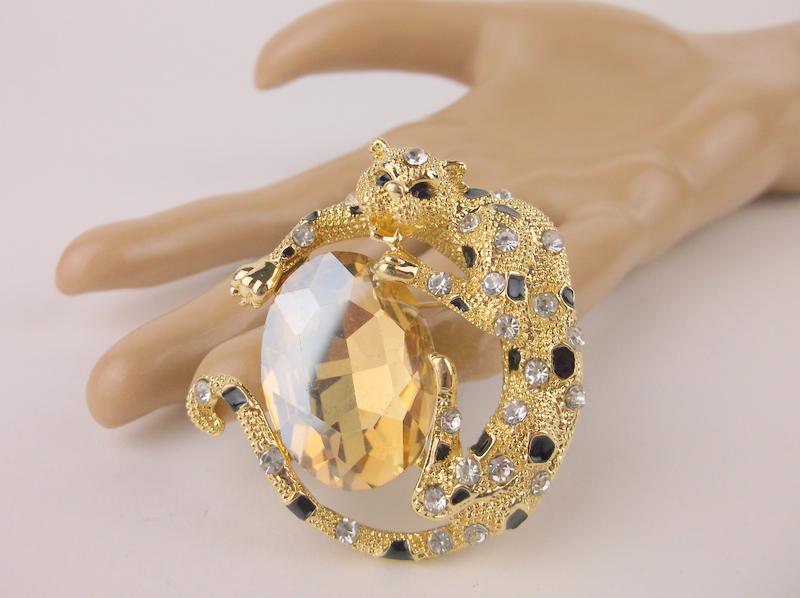 Stunning Large Enameled Rhinestone Leopard Brooch (1 of 1)