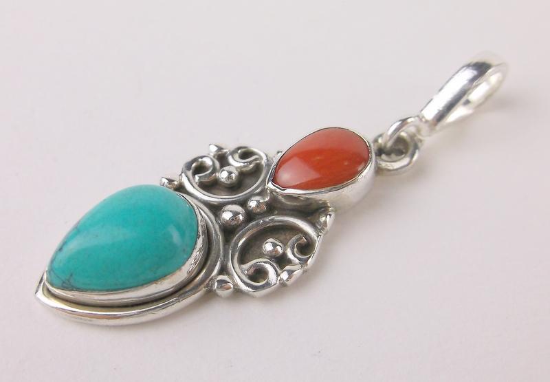 New Sterling Silver Turquoise Red Coral Pendant (1 of 1)
