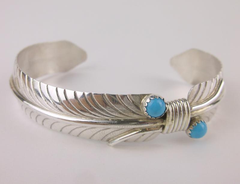 Navajo Vivian Jones Sterling Feather Cuff Bracelet Turq (1 of 4)