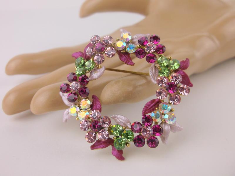 Stunning Enameled Rhinestone Wreath Brooch (1 of 1)
