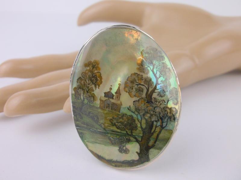 Antique 1930s Sterling Silver Abalone Picture Brooch: Guaranteed Solid 925 Sterling Silver, in Excellent Condition