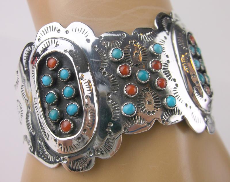 Antique Navajo Sterling Turquoise Coral Cuff Bracelet (1 of 11)
