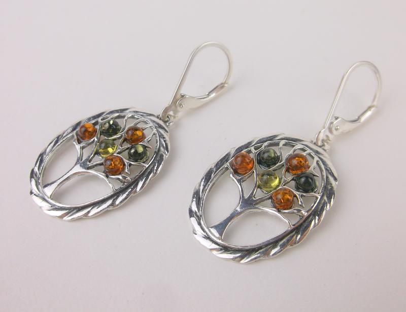 New Sterling Silver Genuine Amber Tree Of Life Earrings (1 of 1)