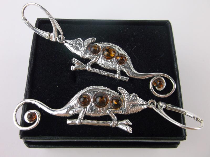 New Sterling Silver Genuine Amber Chameleon Earrings (1 of 2)