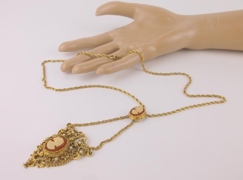 Stunning Antique 1950s Double Cameo Necklace 24": excellent condition