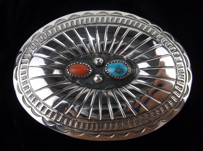 Harrison Blackgoat Navajo Sterling Turq Coral Belt: An incredible Antique Harrison Blackgoat Navajo Sterling Silver Turquoise and Red Coral Belt Buckle in perfect condition. We have left the patina on the back of the buckle to keep the original age, fr