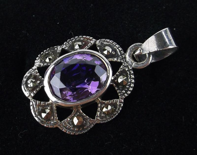 Stunning Sterling Silver Marcasite Amethyst Pendant: Guaranteed Solid 925 Sterling Silver, in Excellent Condition