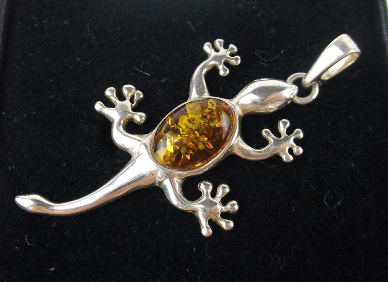 New Sterling Silver Genuine Amber Lizard Pendant (1 of 1)