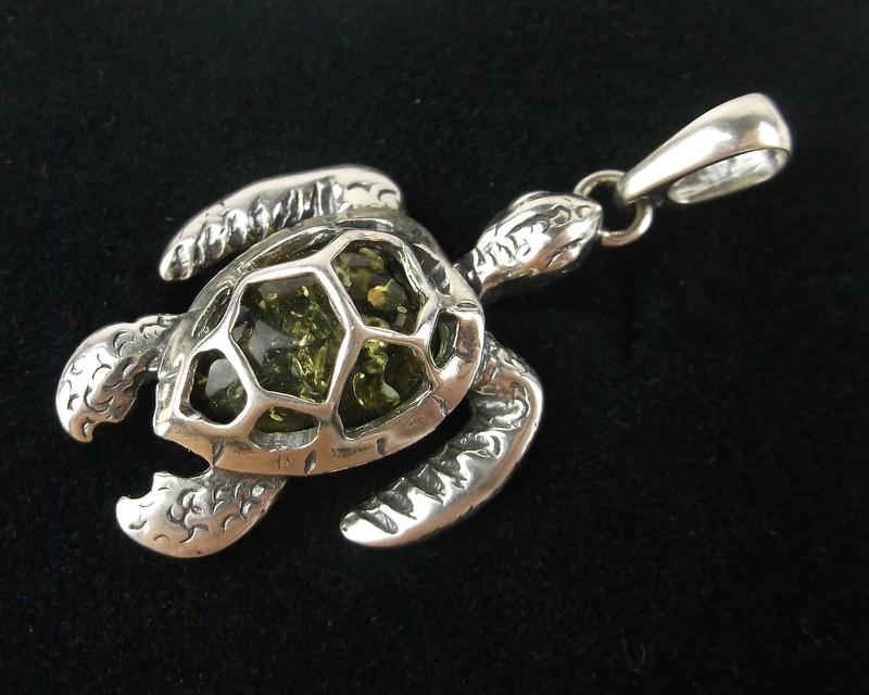 New Sterling Silver Genuine Amber Sea Turtle Pendant (1 of 1)