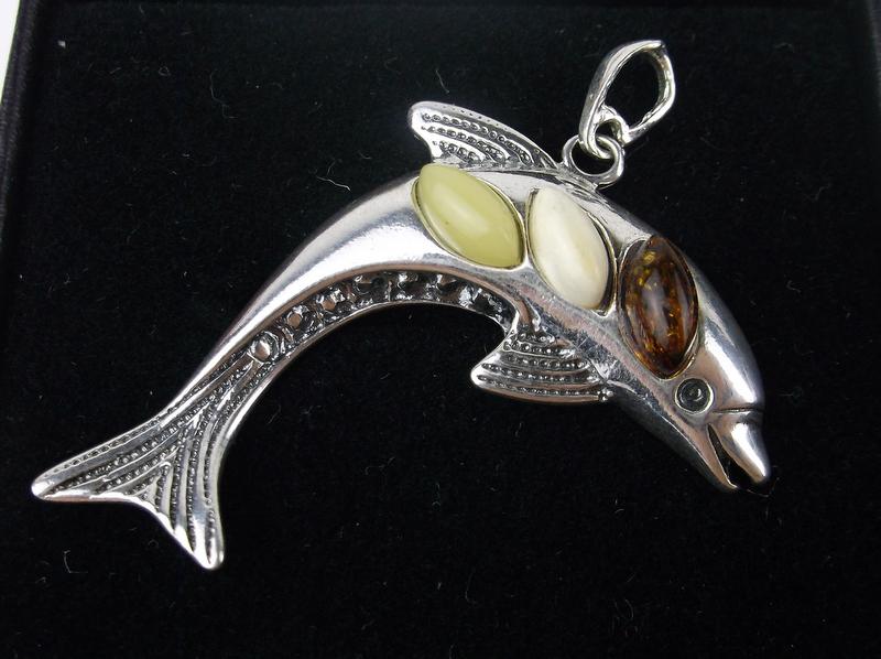 New Sterling Silver Genuine Amber Dolphin Pendant (1 of 1)