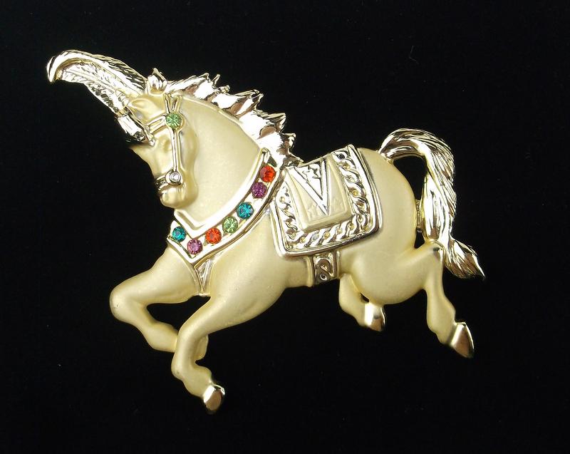 Mint Vintage Enameled Rhinestone Horse Brooch Large (1 of 2)