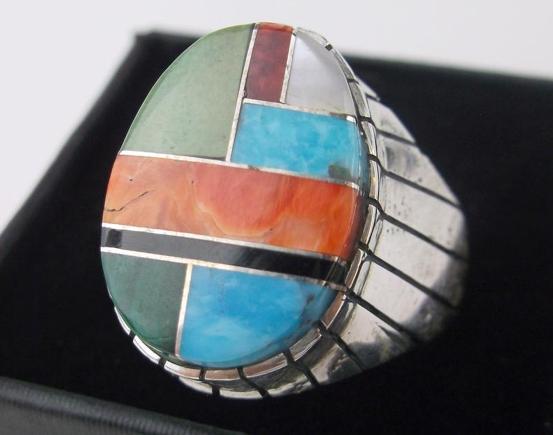 Large Navajo Ray Jack Sterling Multi Stone Ring 11: Ray Jack, Navajo Handmade Solid Sterling Silver Ring, Boxed, in Brand new Never Worn Condition, very heavy thick ring.