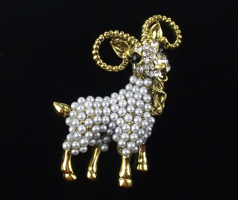 Mint Enameled Rhinestone Mountain Ram Brooch (1 of 4)