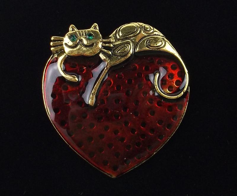 Mint Enameled Rhinestone I Love Cats Brooch (1 of 1)