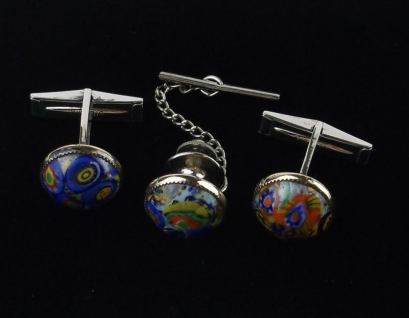 Stunning 1950s Sterling Silver Art Glass Cufflinks Set (1 of 3)