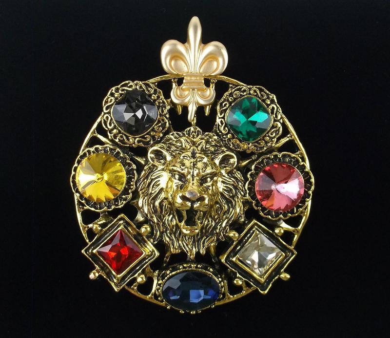Mint Huge Enameled Rhinestone Lion Brooch Fleur De Lis (1 of 2)