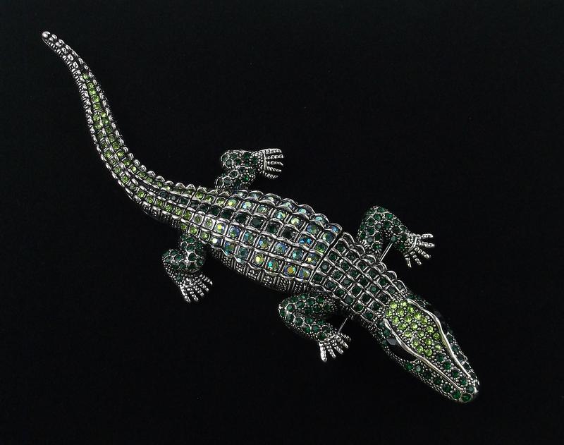Mint Huge Enameled Rhinestone Alligator Brooch (1 of 2)