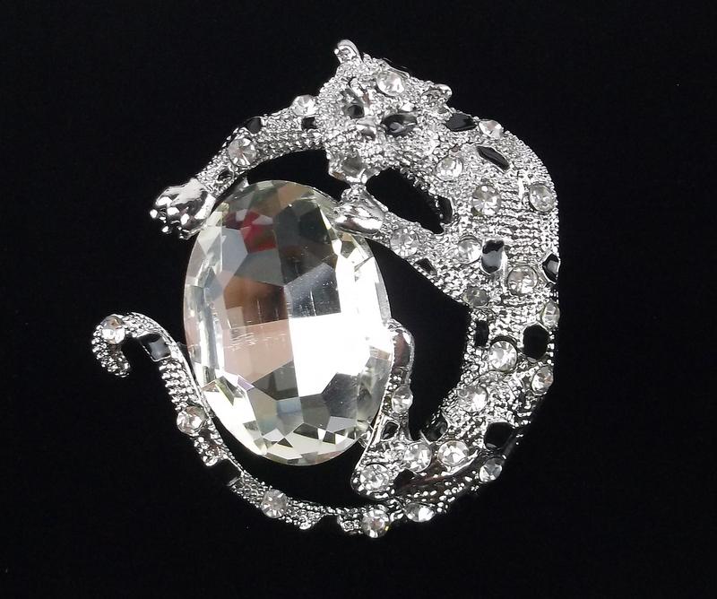 Mint Enameled Rhinestone Leopard Brooch Large (1 of 2)