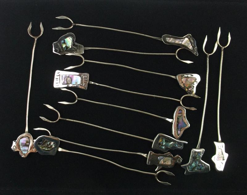 Antique Taxco Sterling Abalone Hors d'oeuvre Forks: Guaranteed Solid 925 Sterling Silver, in Excellent Condition