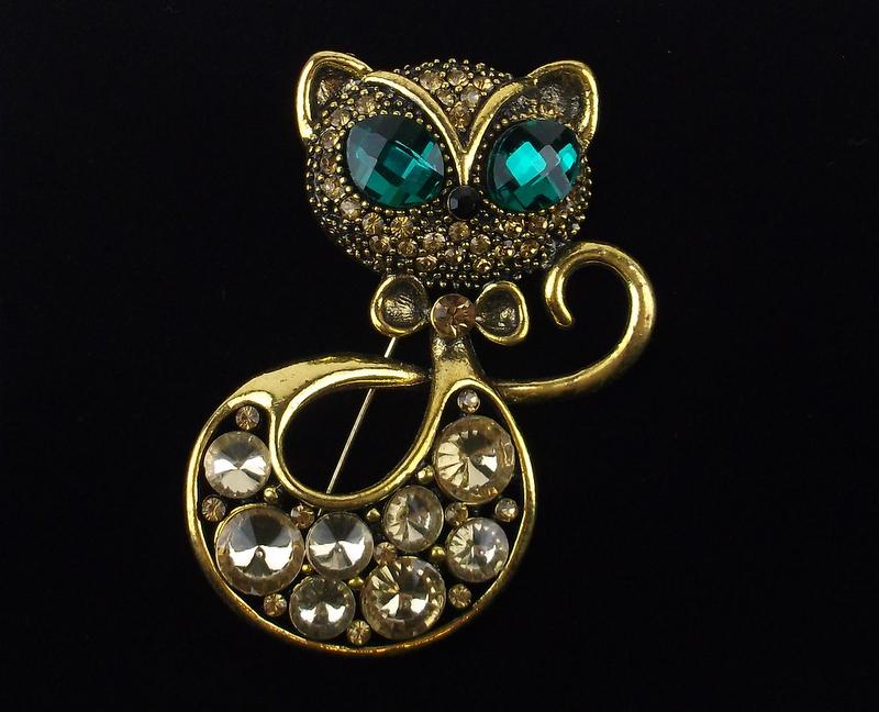Mint Enameled Rhinestone Large Cat Brooch (1 of 2)