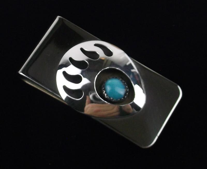 Navajo Virginia John Sterling Bear Paw Money Clip Turq: k A Genuine Handmade Navajo Money Clip With Sterling Silver, Never Used, new Condition.
