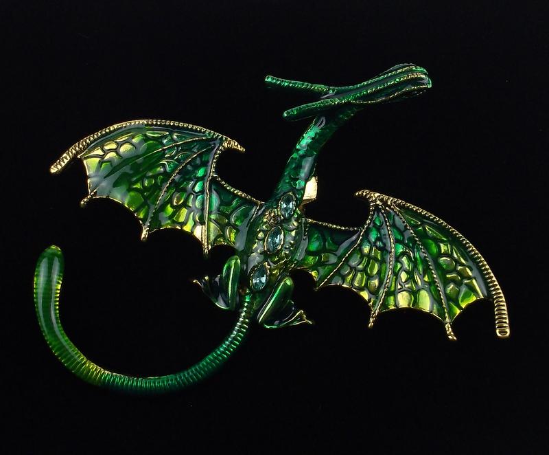 Large Mint Enameled Rhinestone Flying Dragon Brooch (1 of 2)